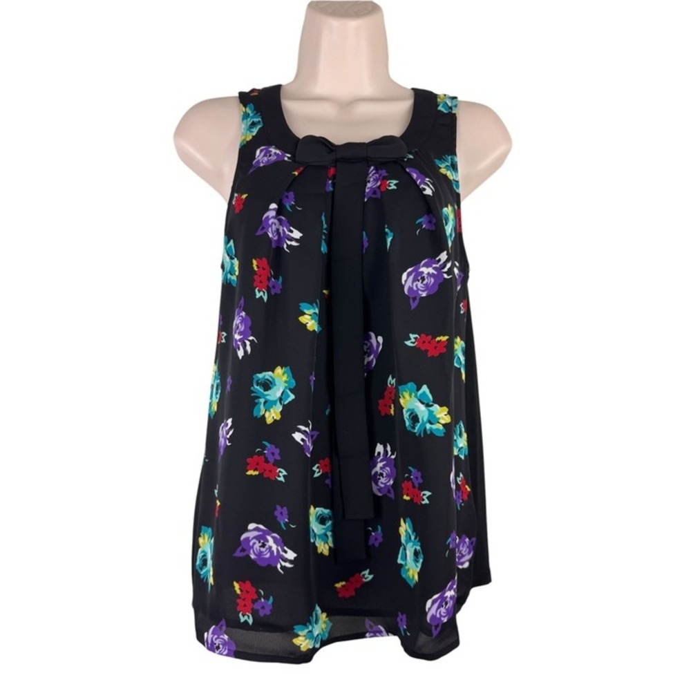 Elle Floral Tie Neck Sleeveless Blouse Black Multicolor Women's XS - Picture 2 of 7